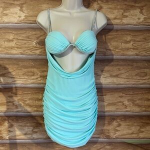 Oh Polly Aqua Mini Dress with Rhinestone Straps